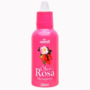 Frasco de Óleo de Rosa Mosqueta Apinil 30ml com conta-gotas.