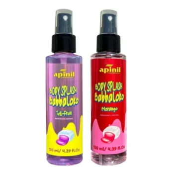 Frasco de Body Splash Babbaloko Apinil 130ml aromas Morango e Tutti-Frutti.