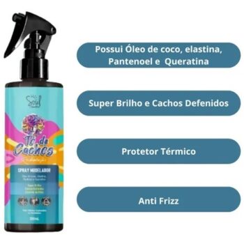 Frasco de Spray Modelador Soul Tô De Cachos 200ml para reidratação capilar.