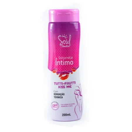 Frasco do Sabonete Íntimo Kiss Me Tutti Frutti de 200ml, com fórmula suave, pH balanceado e fragrância frutada para limpeza íntima diária.