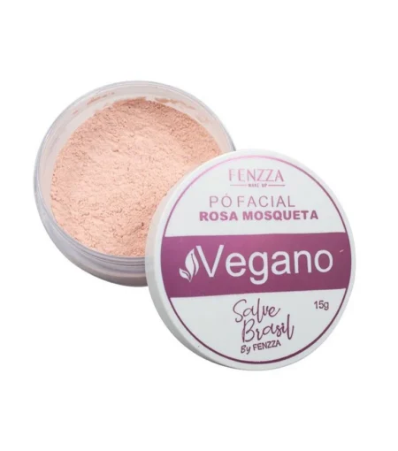 Foto do Pó Facial Rosa Mosqueta Vegano Fenzza Salve Brasil para acabamento natural.