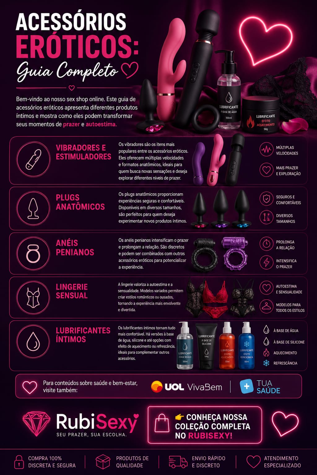 Banner promocional da loja RubiSexy com fundo em tons de rosa e roxo neon, apresentando acessórios eróticos como vibradores, plugs anatômicos, anéis penianos, lingerie sensual e lubrificantes íntimos. O design moderno destaca prazer, autoestima, sensualidade e bem-estar
