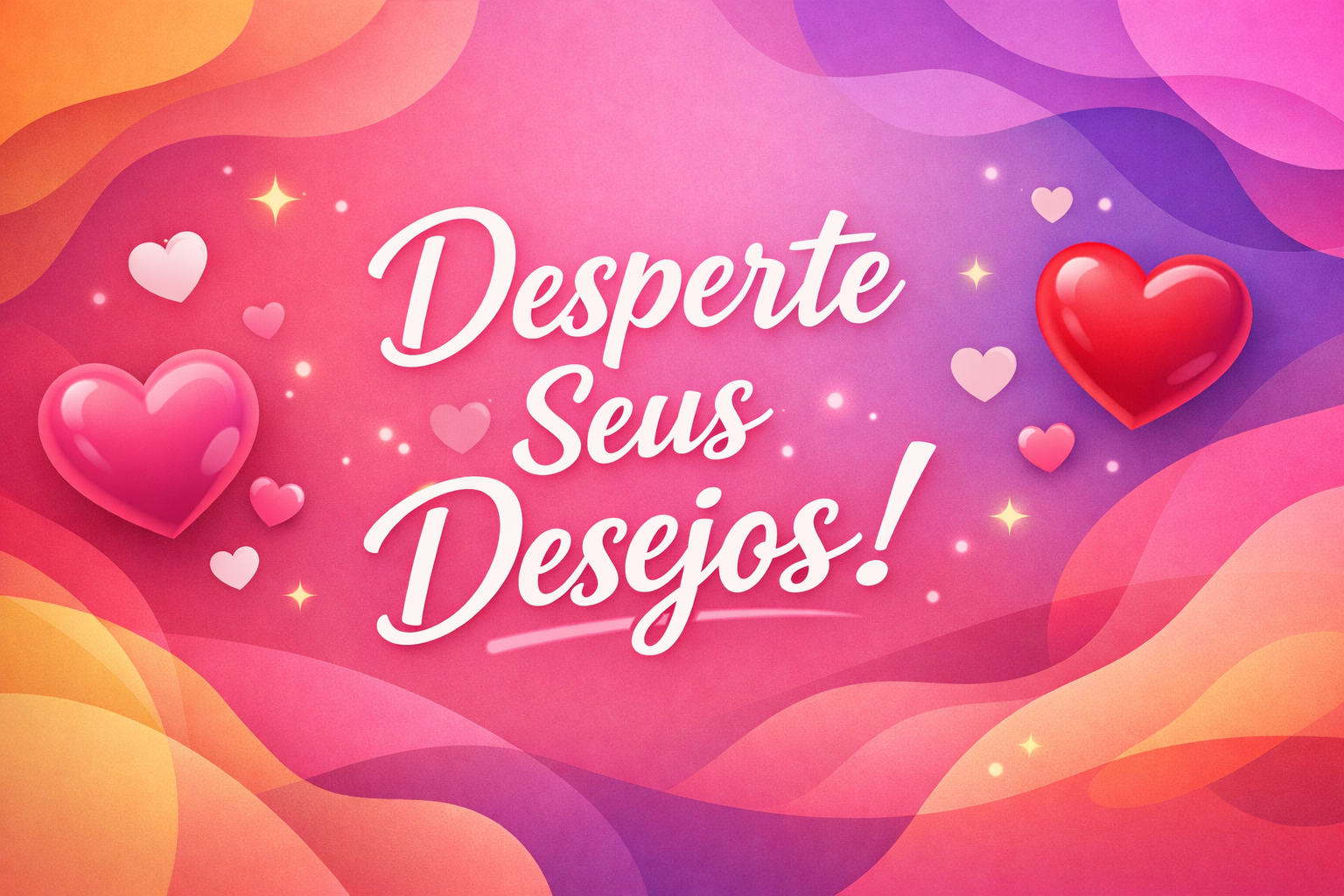 Banner colorido com formas abstratas e corações, com a frase "Desperte Seus Desejos!" em destaque.