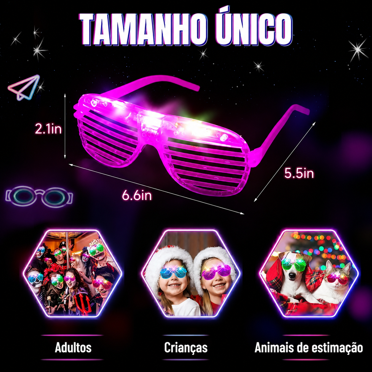 Oculos Led Neon de Festa Com 3 Modos Fluorescente