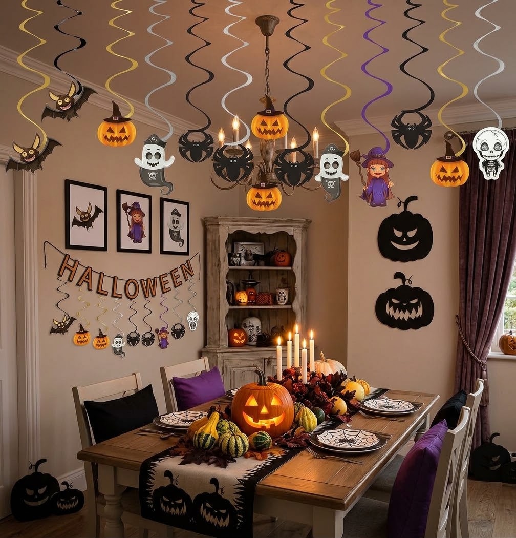 kit 06 Enfeite de Teto Halloween Cordão Fita Bruxa Morcego-Decoração Festa Fantasia Dia das Bruxas Fantasma